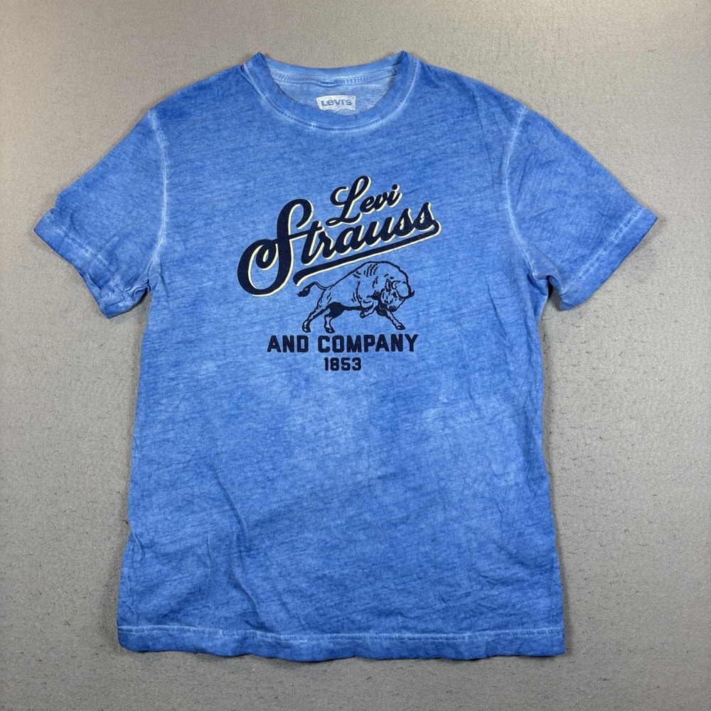 Levi Strauss Men Medium Blue Est 1853 Buffalo Logo Crew Short Sleeve Shirt EUC